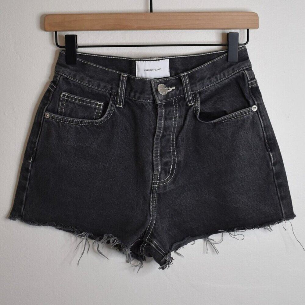 CURRENT/ELLIOTT Denim High Waist Raw Cut Hem Shorts Dark Charcoal Grey